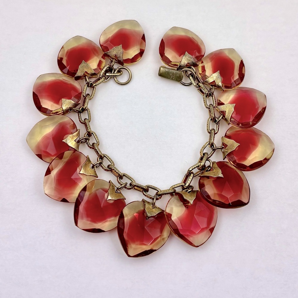Vintage Joseph Warner Encased Glass Heart Charm Bracelet